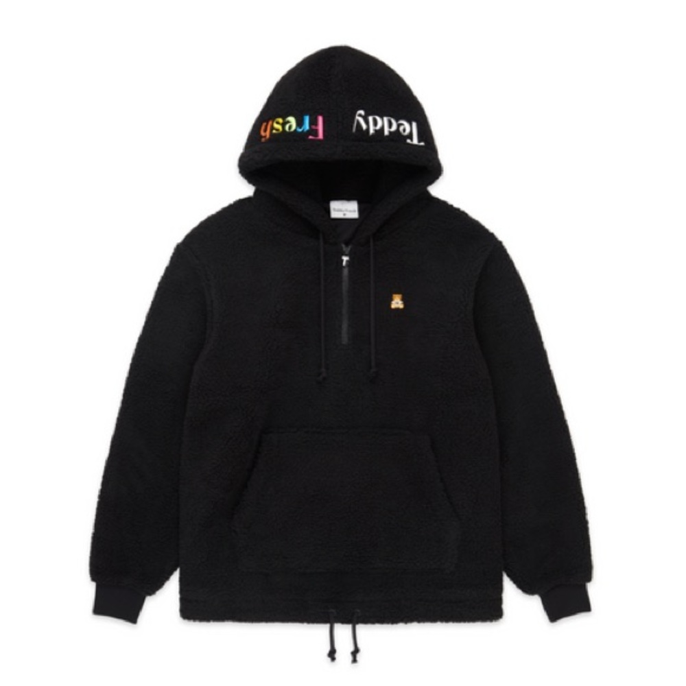 Teddy Fresh Half Zip Sherpa Hoodie in Black